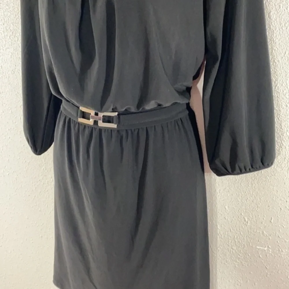 WHBM black blouson attached belt dress